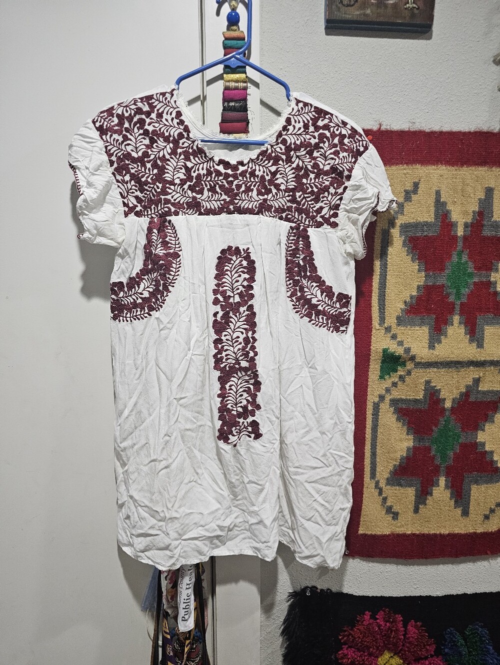 Embroidered White Peasant Top with Burgundy Floral Detail